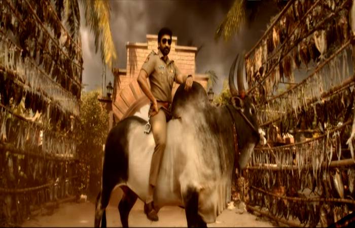 Gopichand rides a bull in the film Bhimaa as a cop