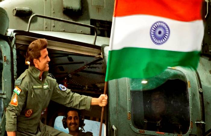 Hrithik Roshan waving Indian Flag post a successful mission in Fighter