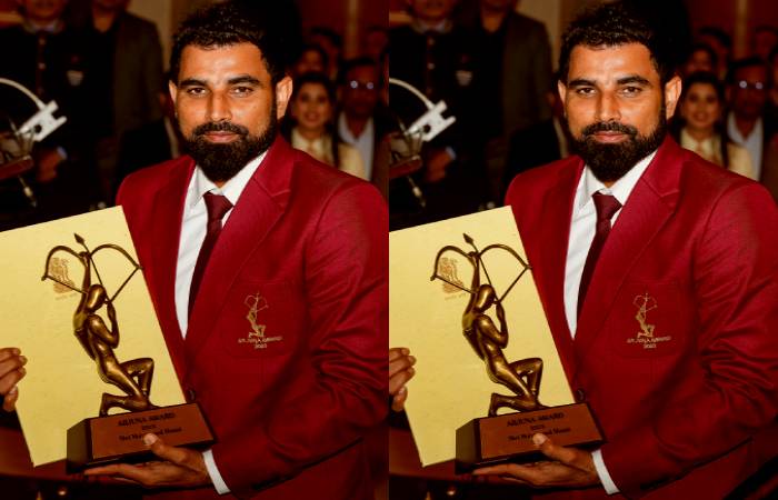 Mohammed Shami poses with his Arjuna Award
