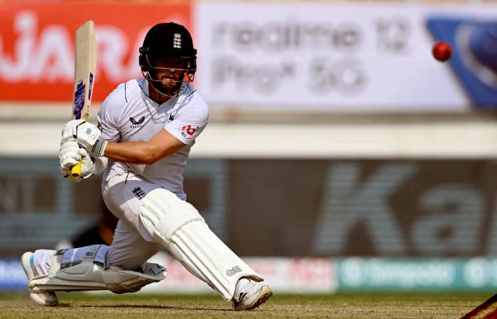 Ben Duckett takes on Indian bowlers in the Rajkot Test
