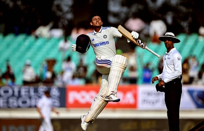 Yashasvi Jaiswal scores a century for India at Rajkot Test
