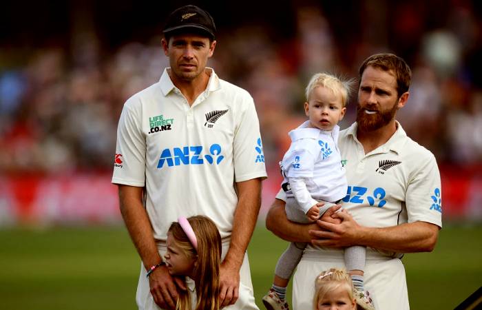 Kane Williamson and Tim Southee pose with their children before taking field in their 100th Test