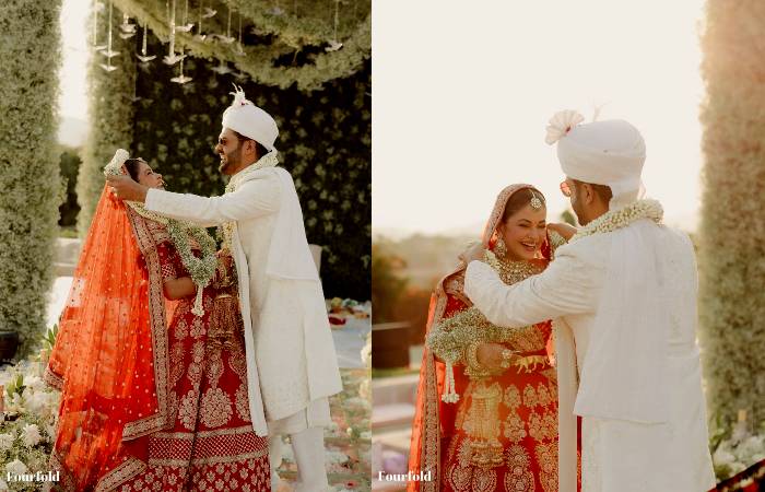 Meera Chopra and her husband being playful during VarMala ceremony