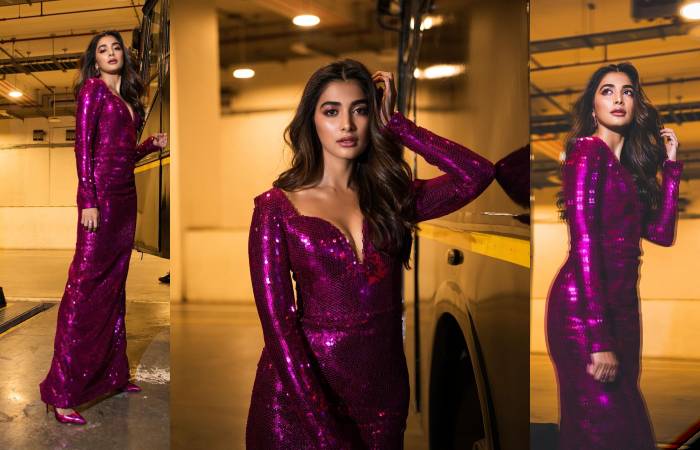 Pooja Hegde shines in a purple color long gown