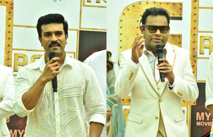 Ram Charan and AR Rahman speaking at the pooja ceremony