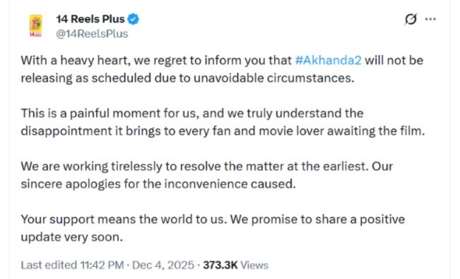 Akhanda 2 postponed tweet